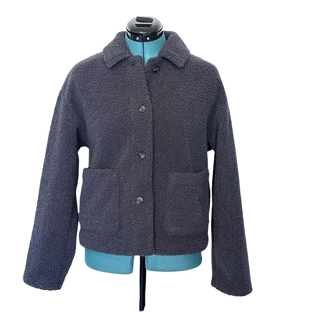 Uniqlo Jacket Womens Small Dark Gray Sherpa Fleece Button Front Coat Warm Casual
